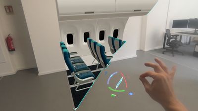3D model of an aircraft cabin with section plane and value display in a real room
